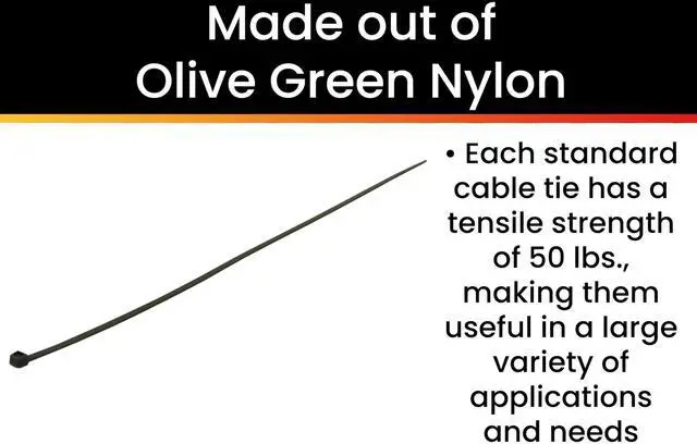 Alt view image 3 of 6 - Pro Tie Standard Duty, Self-Locking Nylon Cable Wire Ties for Indoor and Outdoor Use | 14.6-Inch, 50 lbs. Tensile Strength, Olive Green Nylon, 100-Pack (PN: CFO14SD100)
