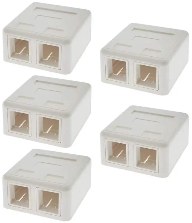 Main image of Keystone Jack Surface Mount Box White, Biscuit for RJ45, RJ11, RJ12 Keystone Jacks, UL Listed, RoHs Compliant (5-Pack, 2-Port)