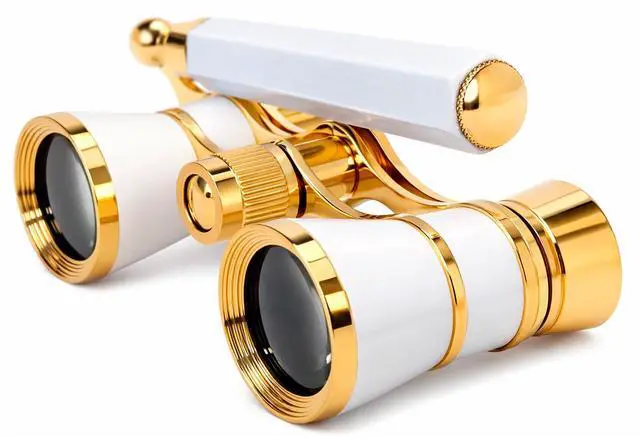 Main image of 3 x 25 Opera Glasses Theater Binoculars w/Built-in Extendable Handle, White-Pearl with Gold Trim, with Crystal Clear Optics (CCO), for Adults Kids Women in Musical Concert Theater Opera