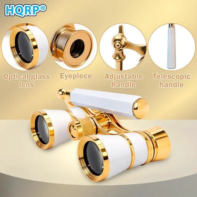 Alt view image 3 of 7 - 3 x 25 Opera Glasses Theater Binoculars w/Built-in Extendable Handle, White-Pearl with Gold Trim, with Crystal Clear Optics (CCO), for Adults Kids Women in Musical Concert Theater Opera