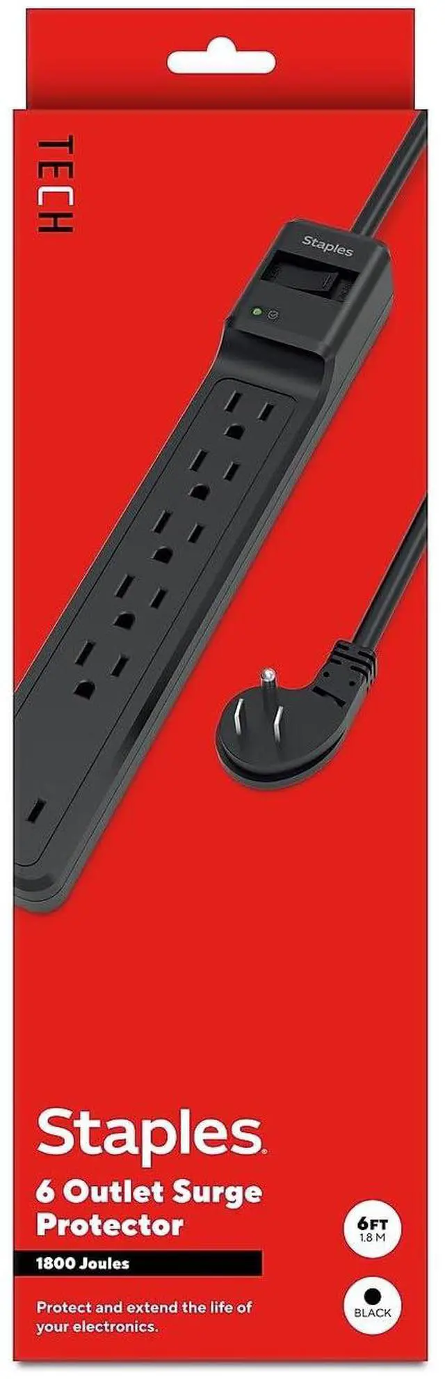 Main image of 6-Outlet Surge Protector, 6 Ft Braided Cord, 1800J | Flat offset plug for home and office electronics. Black, 6 outlets