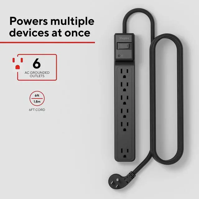 Alt view image 2 of 7 - 6-Outlet Surge Protector, 6 Ft Braided Cord, 1800J | Flat offset plug for home and office electronics. Black, 6 outlets