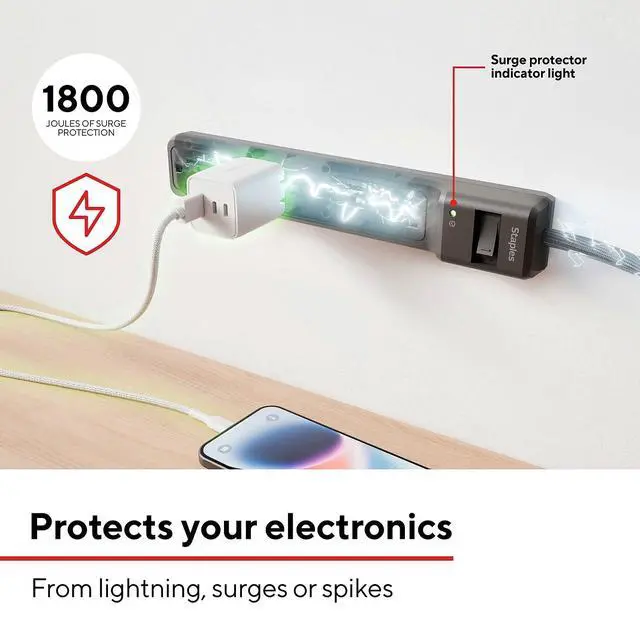 Alt view image 3 of 7 - 6-Outlet Surge Protector, 6 Ft Braided Cord, 1800J | Flat offset plug for home and office electronics. Black, 6 outlets