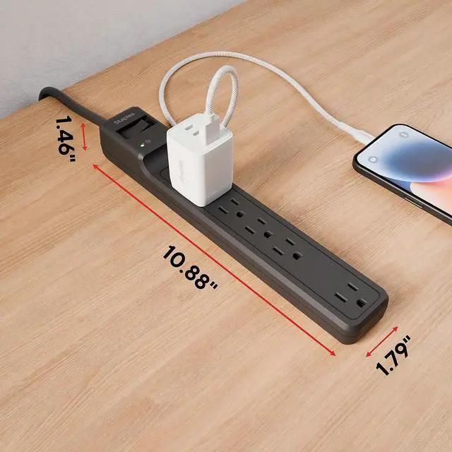 Alt view image 4 of 7 - 6-Outlet Surge Protector, 6 Ft Braided Cord, 1800J | Flat offset plug for home and office electronics. Black, 6 outlets