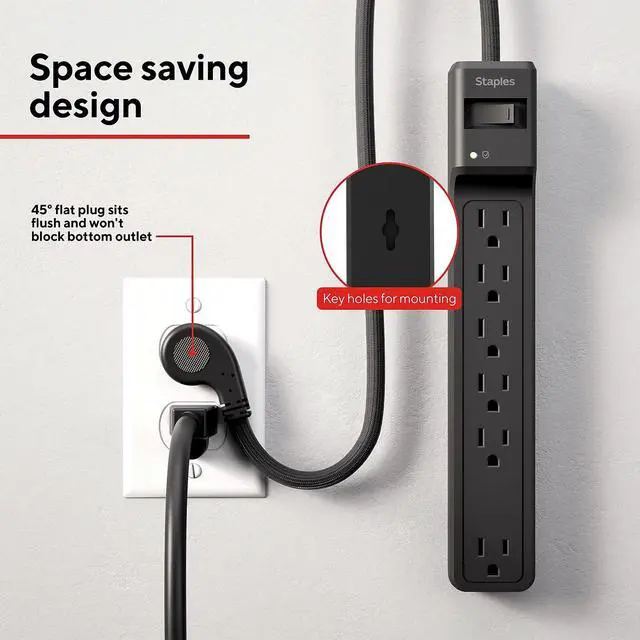Alt view image 6 of 7 - 6-Outlet Surge Protector, 6 Ft Braided Cord, 1800J | Flat offset plug for home and office electronics. Black, 6 outlets
