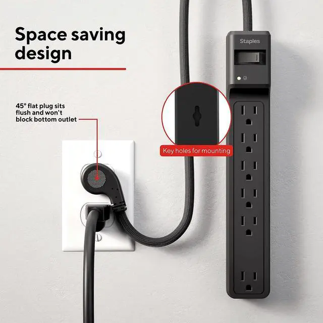 Alt view image 7 of 7 - 6-Outlet Surge Protector, 6 Ft Braided Cord, 1800J | Flat offset plug for home and office electronics. Black, 6 outlets