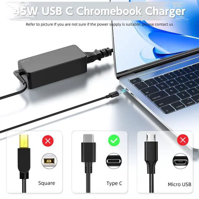 Alt view image 2 of 7 - 45W USB C Chromebook Charger Compatible with HP Chromebook, Lenovo Chromebook ThinkPad/Yoga, Asus, Acer, Dell Latitude, Samsung Laptop; Universal Type C Chromebook Power Supply Cord Replacement