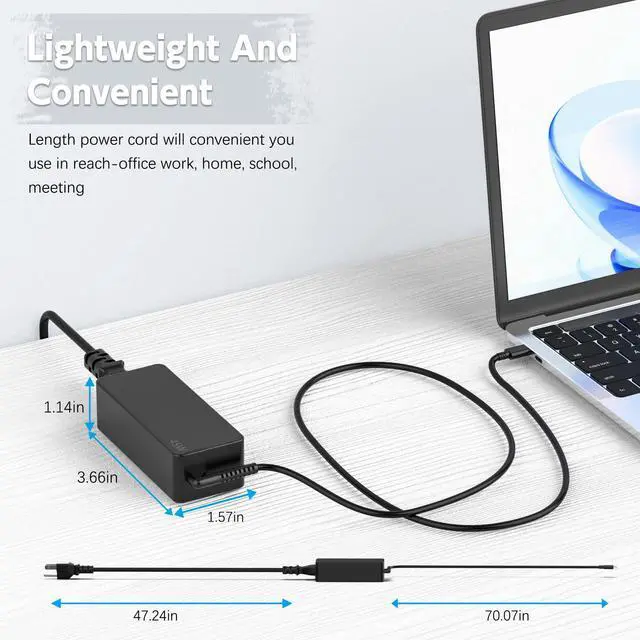 Alt view image 7 of 7 - 45W USB C Chromebook Charger Compatible with HP Chromebook, Lenovo Chromebook ThinkPad/Yoga, Asus, Acer, Dell Latitude, Samsung Laptop; Universal Type C Chromebook Power Supply Cord Replacement
