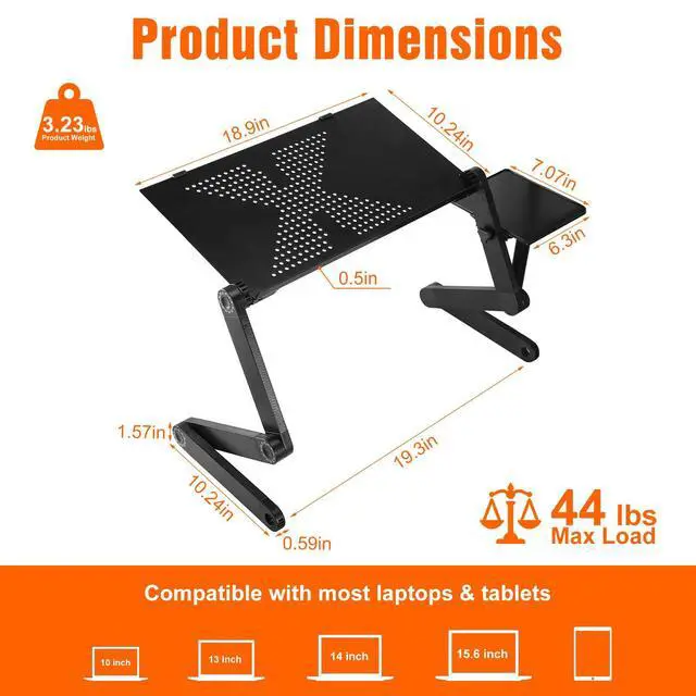 Alt view image 5 of 6 - Extra Wide Adjustable Laptop Stand, Laptop Desk for 17inch Computer, Portable Aluminum Laptop Stand with Detachable Mouse Pad, Ergonomic Lap Desk for Bed Sofa Couch Office, Black