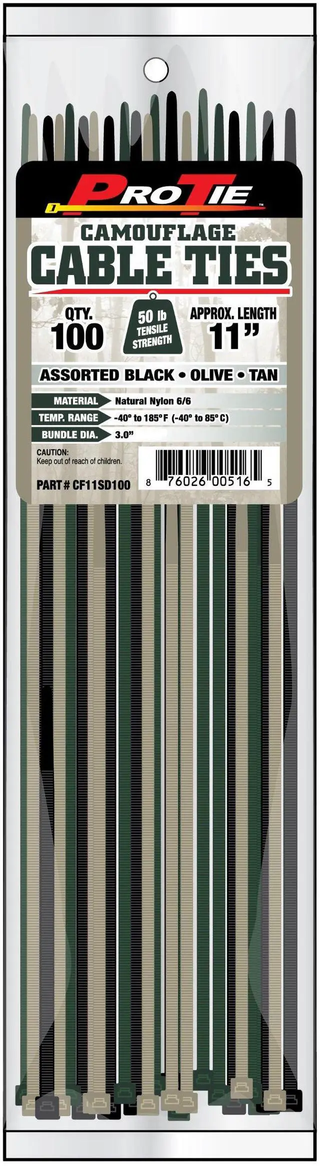 Main image of Pro Tie Standard Duty, Self-Locking Nylon Cable Wire Ties for Indoor and Outdoor Use |11.8-Inch, 50 lbs. Tensile Strength, Camouflage Nylon, 100-Pack (PN: CF11SD100)