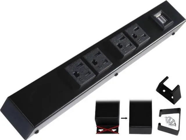 Main image of 12" Hardwired Power Strip (NO Power Cord), 4 Tamper Resistant Outlets (NEMA 5-15R - NOT 20Amp), NO Ears (Without mounting tabs on Both Ends), USB, Black