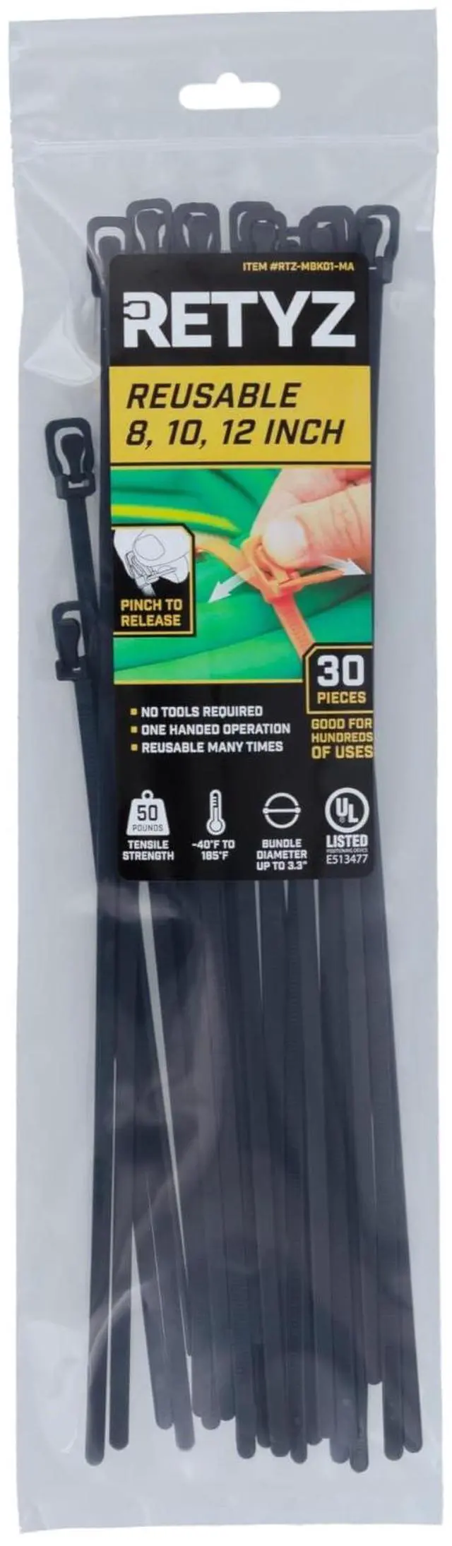 Main image of Releasable Cable Ties Combo Pack, 30 Pack, 50 lb Tensile Strength, Multi-Size (8-Inch, 10-Inch, 12-Inch), All Black, Heavy Duty Zip Ties, Reusable, Patented Quick-Release Design