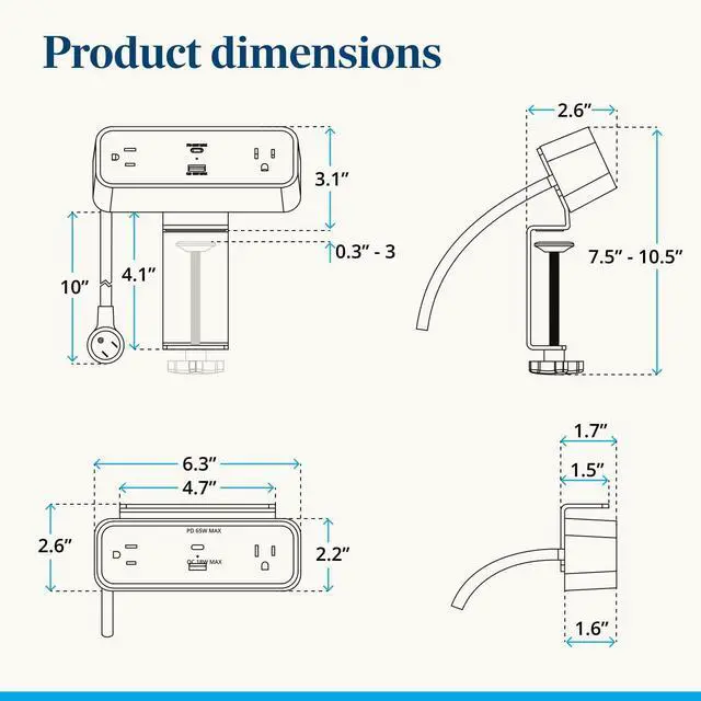 Alt view image 5 of 7 - DuoMount Desk Clamp Power Strip USB-C & USB-A Charging Desk Power Strips with 10ft Cord, Edge Mount Hub for Home Office and Gaming Accessories (White, Walnut)