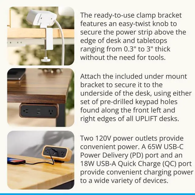 Alt view image 6 of 7 - DuoMount Desk Clamp Power Strip USB-C & USB-A Charging Desk Power Strips with 10ft Cord, Edge Mount Hub for Home Office and Gaming Accessories (White, Walnut)