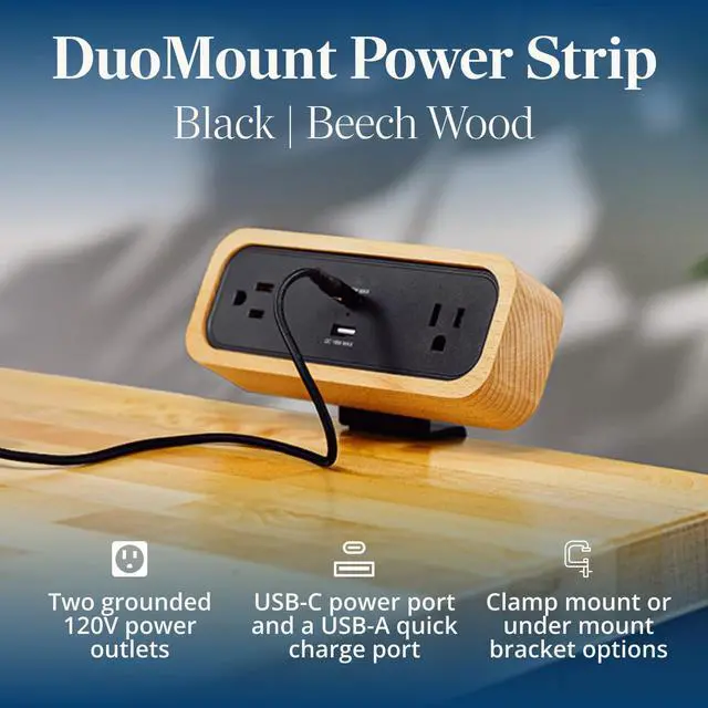 Alt view image 2 of 7 - DuoMount Desk Clamp Power Strip USB-C & USB-A Charging Desk Power Strips with 10ft Cord, Edge Mount Hub for Home Office and Gaming Accessories (Black, Beech Wood)
