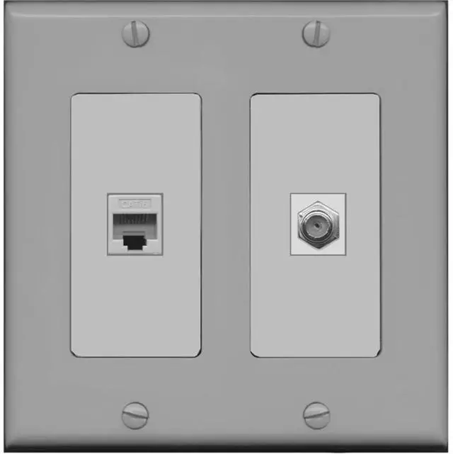 Main image of 1 Port Coax Cable TV- F-Type 1 Port Cat6 Ethernet Dual Gang Wall Plate - Gray