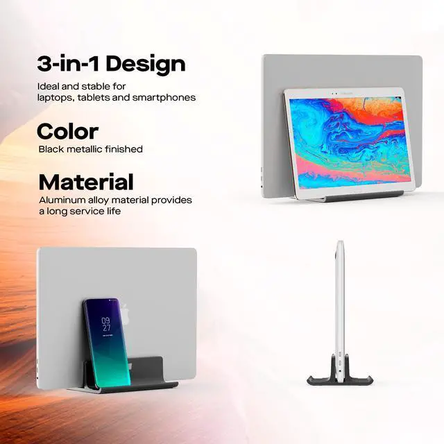 Alt view image 4 of 7 - Mobile Pixels Upright Laptop Cradle Stand 3-in-1 Design (Black) | Adjustable Desktop Aluminum Stand For Smartphones, Tablets, Laptops, Books
