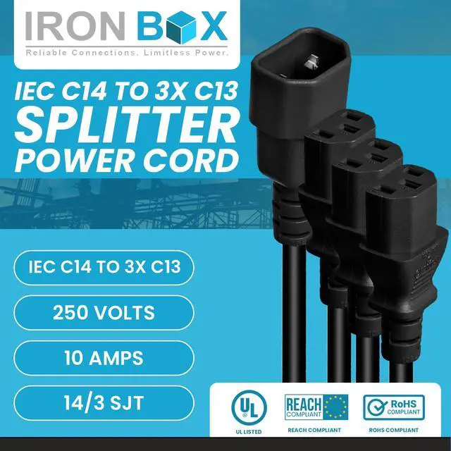Alt view image 2 of 7 - IronBox Electric IEC C14 to 3X C13 Splitter Power Cord - 10A, 250V, 14/3 SJT - Heavy Duty Outlet Splitter - UL Listed Cable Extension Cord for Monitor, Computer, Data Centers & More (6ft + 2ft Legs)