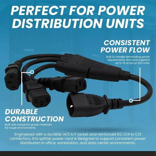 Alt view image 3 of 7 - IronBox Electric IEC C14 to 3X C13 Splitter Power Cord - 10A, 250V, 14/3 SJT - Heavy Duty Outlet Splitter - UL Listed Cable Extension Cord for Monitor, Computer, Data Centers & More (6ft + 2ft Legs)