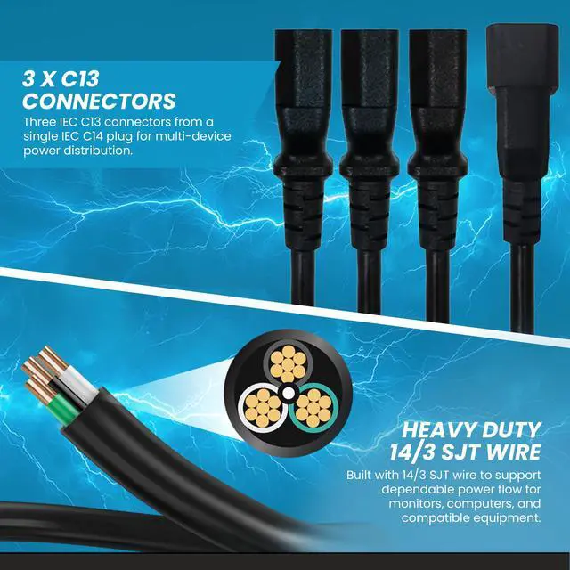 Alt view image 4 of 7 - IronBox Electric IEC C14 to 3X C13 Splitter Power Cord - 10A, 250V, 14/3 SJT - Heavy Duty Outlet Splitter - UL Listed Cable Extension Cord for Monitor, Computer, Data Centers & More (6ft + 2ft Legs)