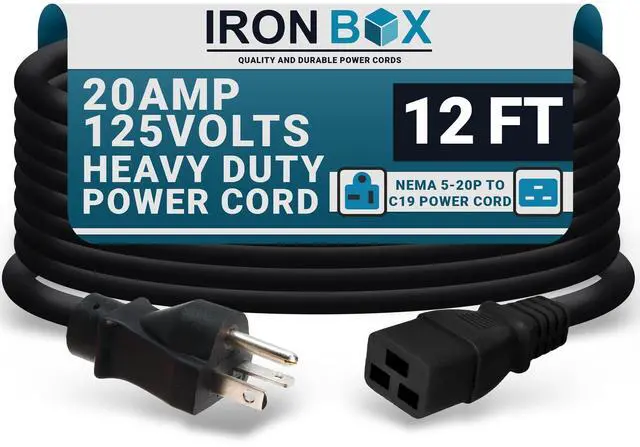 Main image of IronBox Electric 5-20P to C19 Power Cords - 20A,125V,12/3 SJT - UL Listed Extension Cable Adapter - Power Supply Cables - Heavy Duty Plug and Cord for Computer, PDU, Data Centers & More (12ft, Molded)