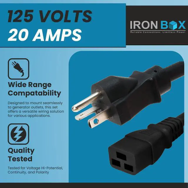 Alt view image 3 of 7 - IronBox Electric 5-20P to C19 Power Cords - 20A,125V,12/3 SJT - UL Listed Extension Cable Adapter - Power Supply Cables - Heavy Duty Plug and Cord for Computer, PDU, Data Centers & More (12ft, Molded)