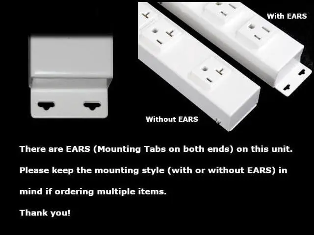 Alt view image 2 of 2 - 12 Hardwired Plug Strip (No Power Cord), 4 Vertical 20Amp (NEMA 5-20R, NOT Tamper Resistant) Outlets, with Ears (with Mounting Tabs on Both Ends), Switch, White
