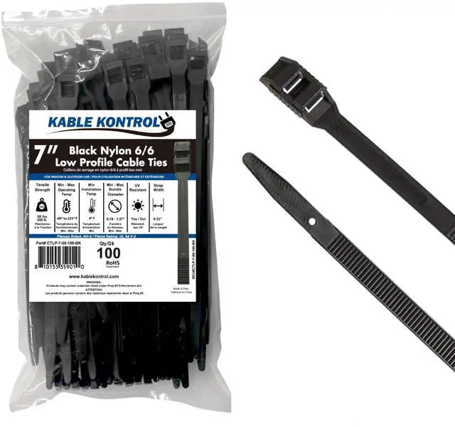 Main image of Low-Profile Cable Ties 7 Inch 100 Pcs, 88 Lbs Test - Black | Double Locking Cable Ties UL Listed Inline Zip Ties - Chemical, UV & Abrasion Resistant Ties for Automotive & Medical Use