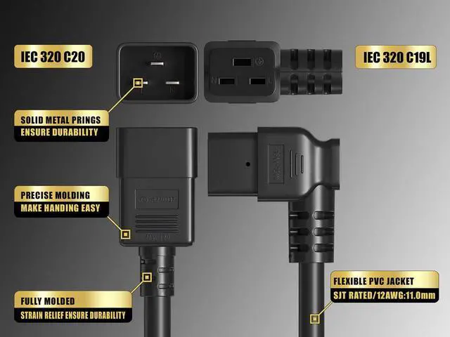 Alt view image 4 of 6 - 10ft C20 to Left Angle C19 Power Cord 12AWG 20A/250V