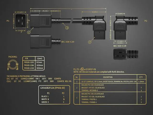Alt view image 6 of 6 - 10ft C20 to Left Angle C19 Power Cord 12AWG 20A/250V