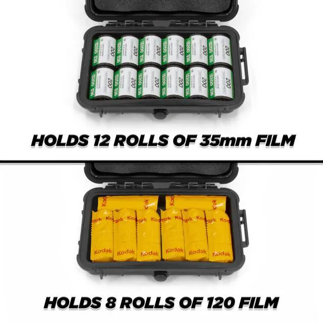 Alt view image 3 of 7 - Hard Shell 35mm Film Case - 7" Waterproof & Lightproof Holder for up to 12 x 35mm or 8 x 120 Film Rolls, Travel Container