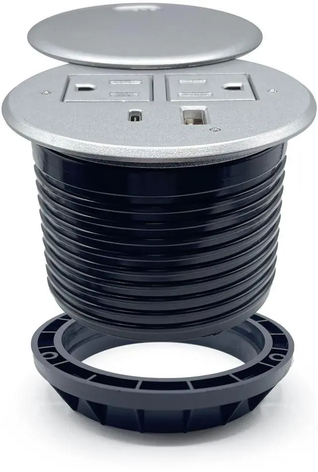 Main image of Desktop Power Grommet with 2X AC Outlets, 1x USB-C and 1x USB-A Charging Ports. Fits 3.15" Round Desk Grommet Holes - Silver