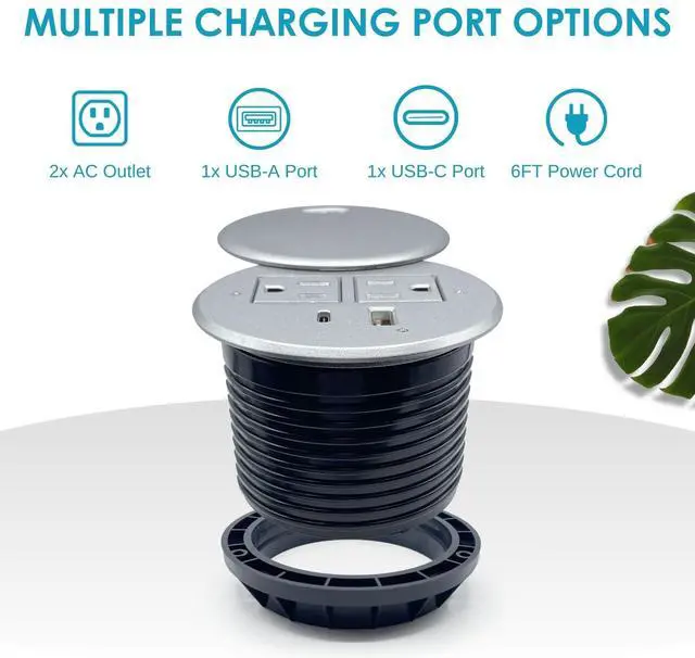 Alt view image 2 of 7 - Desktop Power Grommet with 2X AC Outlets, 1x USB-C and 1x USB-A Charging Ports. Fits 3.15" Round Desk Grommet Holes - Silver