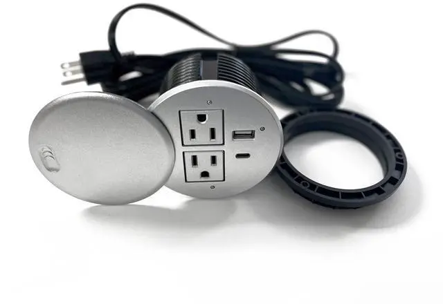 Alt view image 4 of 7 - Desktop Power Grommet with 2X AC Outlets, 1x USB-C and 1x USB-A Charging Ports. Fits 3.15" Round Desk Grommet Holes - Silver