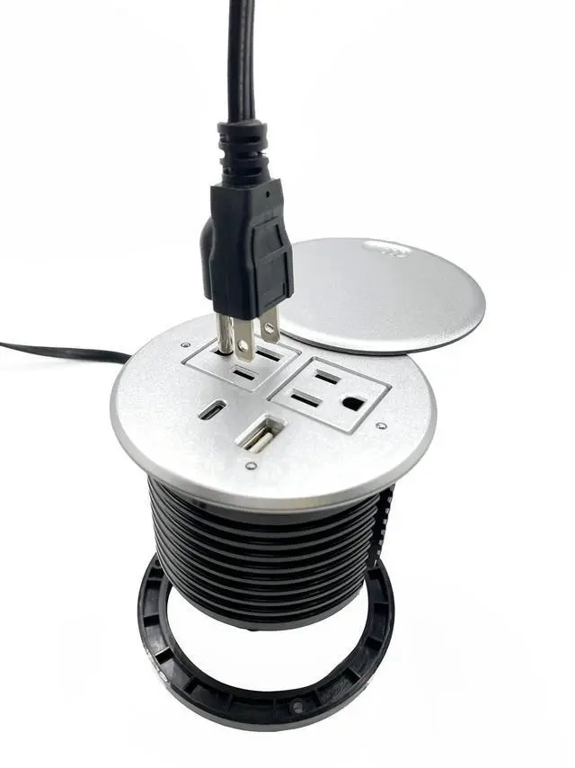 Alt view image 5 of 7 - Desktop Power Grommet with 2X AC Outlets, 1x USB-C and 1x USB-A Charging Ports. Fits 3.15" Round Desk Grommet Holes - Silver