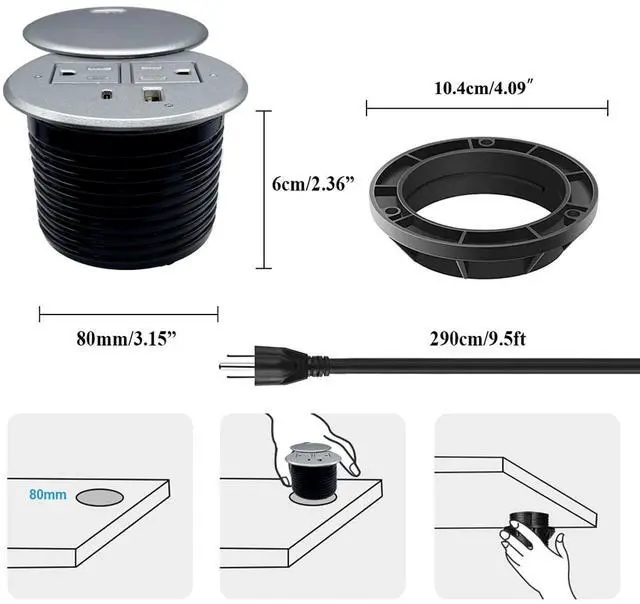 Alt view image 6 of 7 - Desktop Power Grommet with 2X AC Outlets, 1x USB-C and 1x USB-A Charging Ports. Fits 3.15" Round Desk Grommet Holes - Silver