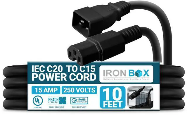 Main image of IronBox Electric - IEC C20 to C15 Power Cord - Rated for 15A/250V - 14/3 AWG Jacket - Premium Power Cable for Data Centers - Ideal for Connecting Computers & Servers to Rack Mount PDUs (10 feet)
