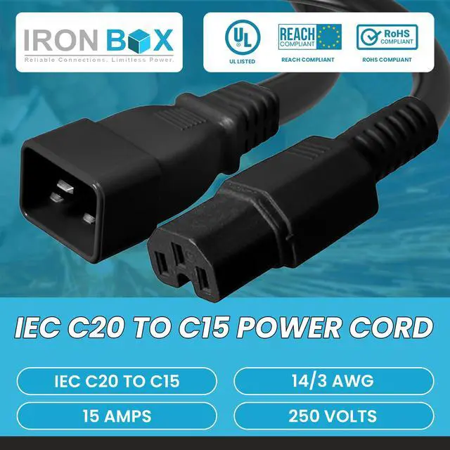 Alt view image 2 of 7 - IronBox Electric - IEC C20 to C15 Power Cord - Rated for 15A/250V - 14/3 AWG Jacket - Premium Power Cable for Data Centers - Ideal for Connecting Computers & Servers to Rack Mount PDUs (1 feet)