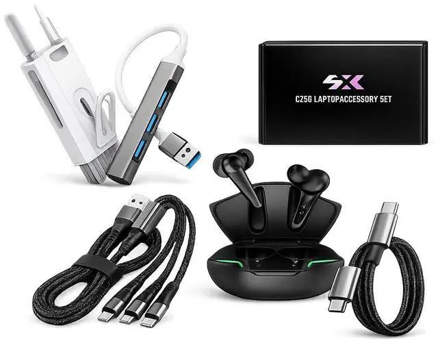 Main image of 5-in-1 Laptop Accessory Bundle with USB-C Hub and Bluetooth Earbuds | 3-in-1 and USB-C Charging Cables, Electronic Cleaning Kit for Work, Study and Travel