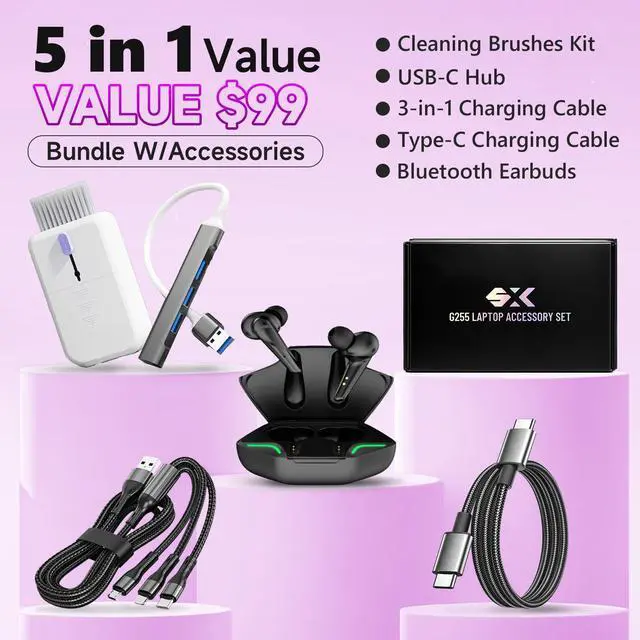 Alt view image 2 of 2 - 5-in-1 Laptop Accessory Bundle with USB-C Hub and Bluetooth Earbuds | 3-in-1 and USB-C Charging Cables, Electronic Cleaning Kit for Work, Study and Travel