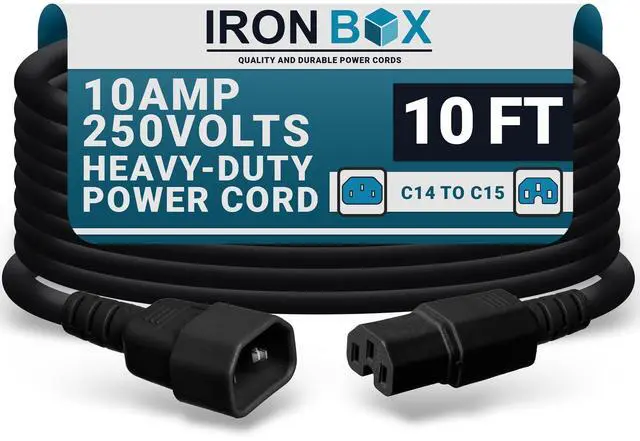 Main image of IronBox Electric - Heavy-Duty C14 to C15 PC Power Cable - 10A, 250V, 18/3 SJT - IEC 320 Computer Power Supply Extension Cords - PSU Wire Connectors - Versatile for Home and Office Use(Black, 10 Foot)