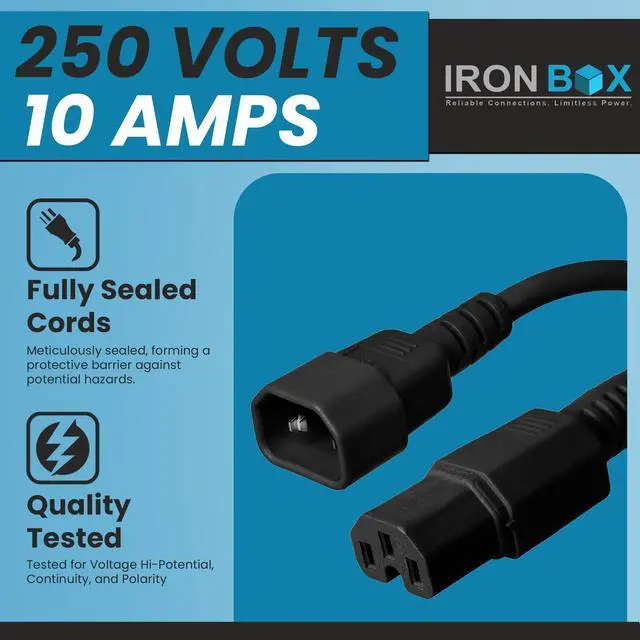 Alt view image 3 of 7 - IronBox Electric - Heavy-Duty C14 to C15 PC Power Cable - 10A, 250V, 18/3 SJT - IEC 320 Computer Power Supply Extension Cords - PSU Wire Connectors - Versatile for Home and Office Use(Black, 10 Foot)