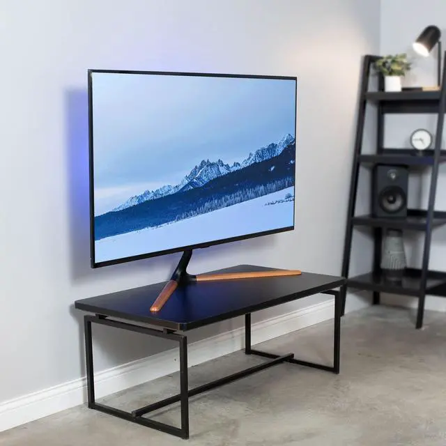 Alt view image 2 of 7 - 49 to 70 inch LED LCD TV Tabletop Stand, Television Mount with V-Base, Holds VESA up to 600x400, Black Bracket, Dark Walnut Legs, STAND-TV07A