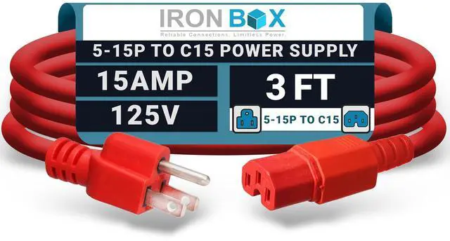 Main image of IronBox Electric - Heavy-Duty 5-15P to C15 Power Supply Cable - 15A 125V, 14/3 SJT Cord - Male End 5-15 Plug/Female End C15 Connector - UL Listed PC Power Cord - (Red, 3 Foot)