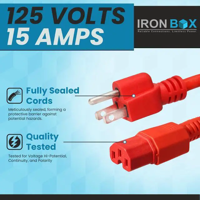 Alt view image 3 of 7 - IronBox Electric - Heavy-Duty 5-15P to C15 Power Supply Cable - 15A 125V, 14/3 SJT Cord - Male End 5-15 Plug/Female End C15 Connector - UL Listed PC Power Cord - (Red, 3 Foot)