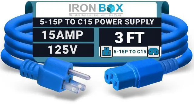 Main image of IronBox Electric - Heavy-Duty 5-15P to C15 Power Supply Cable - 15A 125V, 14/3 SJT Cord - Male End 5-15 Plug/Female End C15 Connector - UL Listed PC Power Cord - (Blue, 3 Foot)