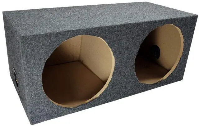 Main image of Dual 12 Hatchback Subwoofer Box Sealed Rear-Angle Enclosure 5/8" MDF ASC | Slanted 12 inch angled back design fits tight cargo spaces, punchy bass from 2 drivers, dense wood build, quick trunk install