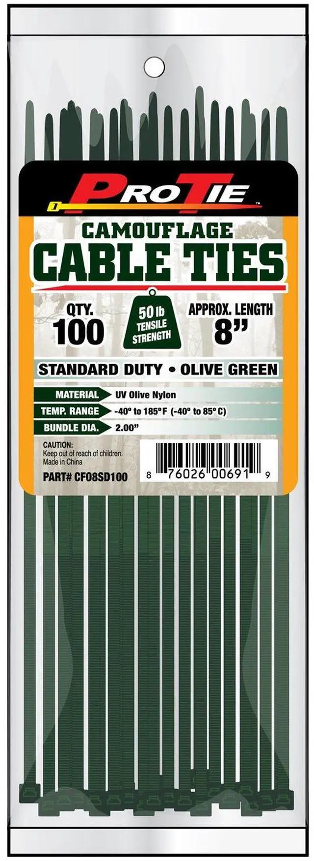 Main image of Pro Tie Standard Duty, Self-Locking Nylon Cable Wire Ties for Indoor and Outdoor Use | 8-Inch, 50 lbs. Tensile Strength, Olive Green Nylon, 100-Pack (PN: CFO8SD100)