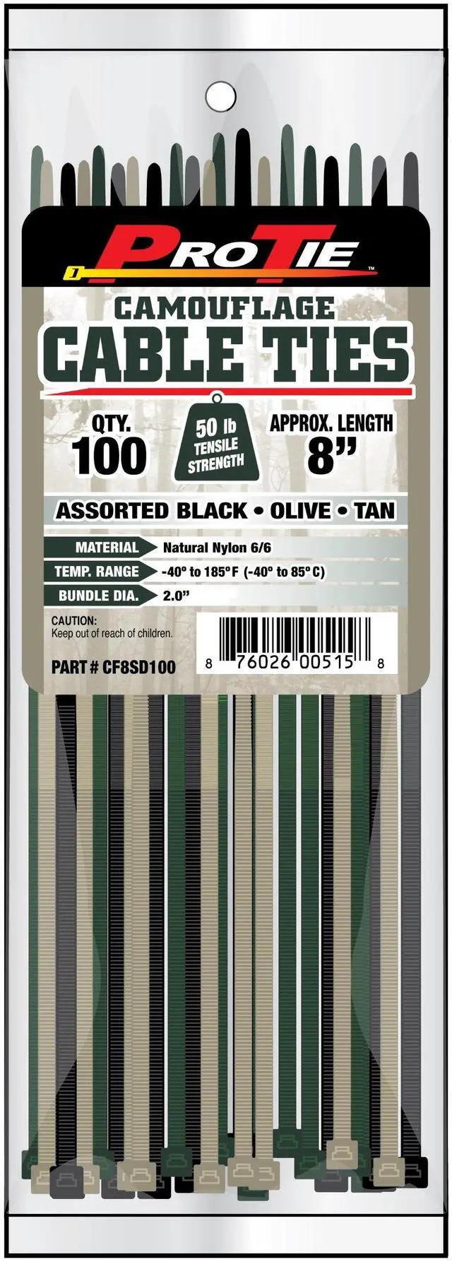 Main image of Pro Tie Standard Duty, Self-Locking Nylon Cable Wire Ties for Indoor and Outdoor Use | 8-Inch, 50 lbs. Tensile Strength, Olive Green Nylon, 100-Pack (PN: CF8SD100)