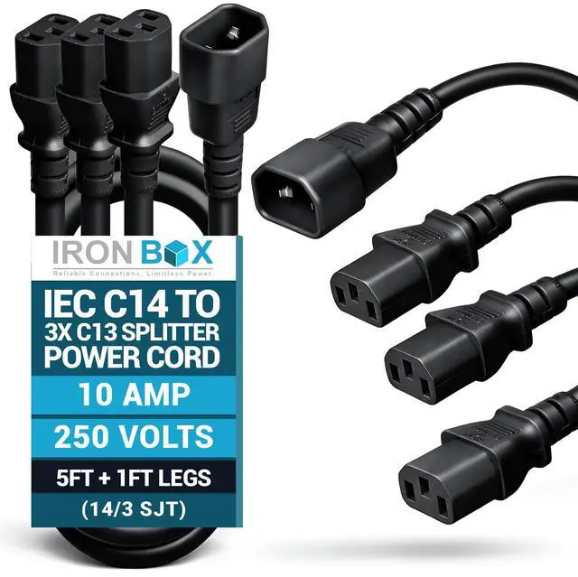 Main image of IronBox Electric IEC C14 to 3X C13 Splitter Power Cord - 10A, 250V, 14/3 SJT - Heavy Duty Outlet Splitter - UL Listed Cable Extension Cord for Monitor, Computer, Data Centers & More (5ft + 1ft Legs)